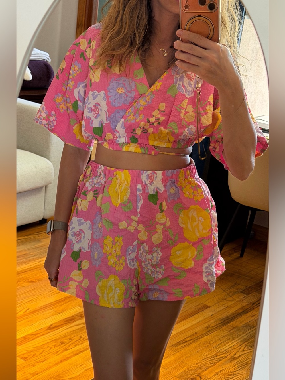 SABO Naya Wrap Top & Sailor Shorts NWOT Pink Floral Set S/M